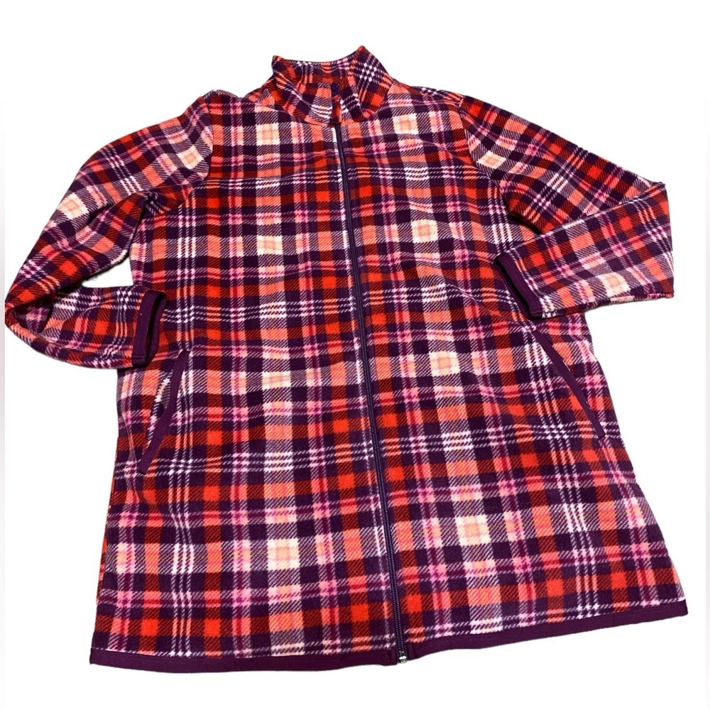 Woman Within fleece jacket, zipper pockets, pink purple plaid, medium(14…